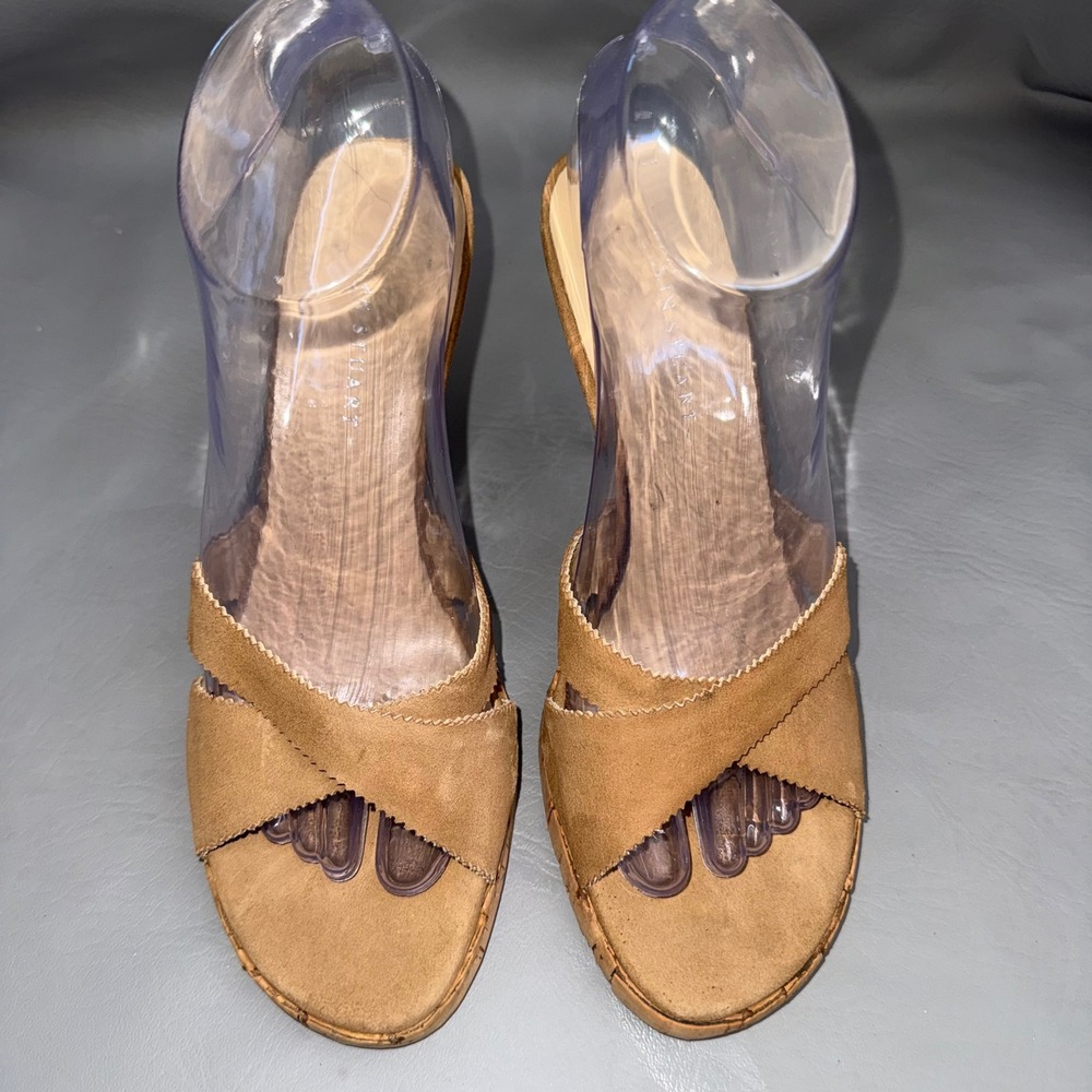 Colin Stuart Tan Suede Cork Platform Mules Stiletto Sandals 7.5